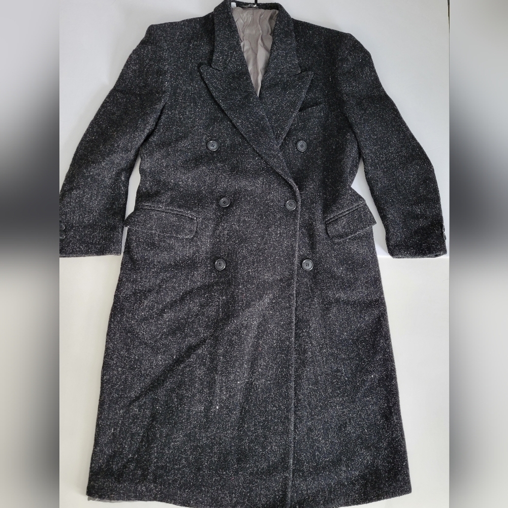 FALCONE Vintage Mens Black with White Speckles Long Double Breasted Overcoat
